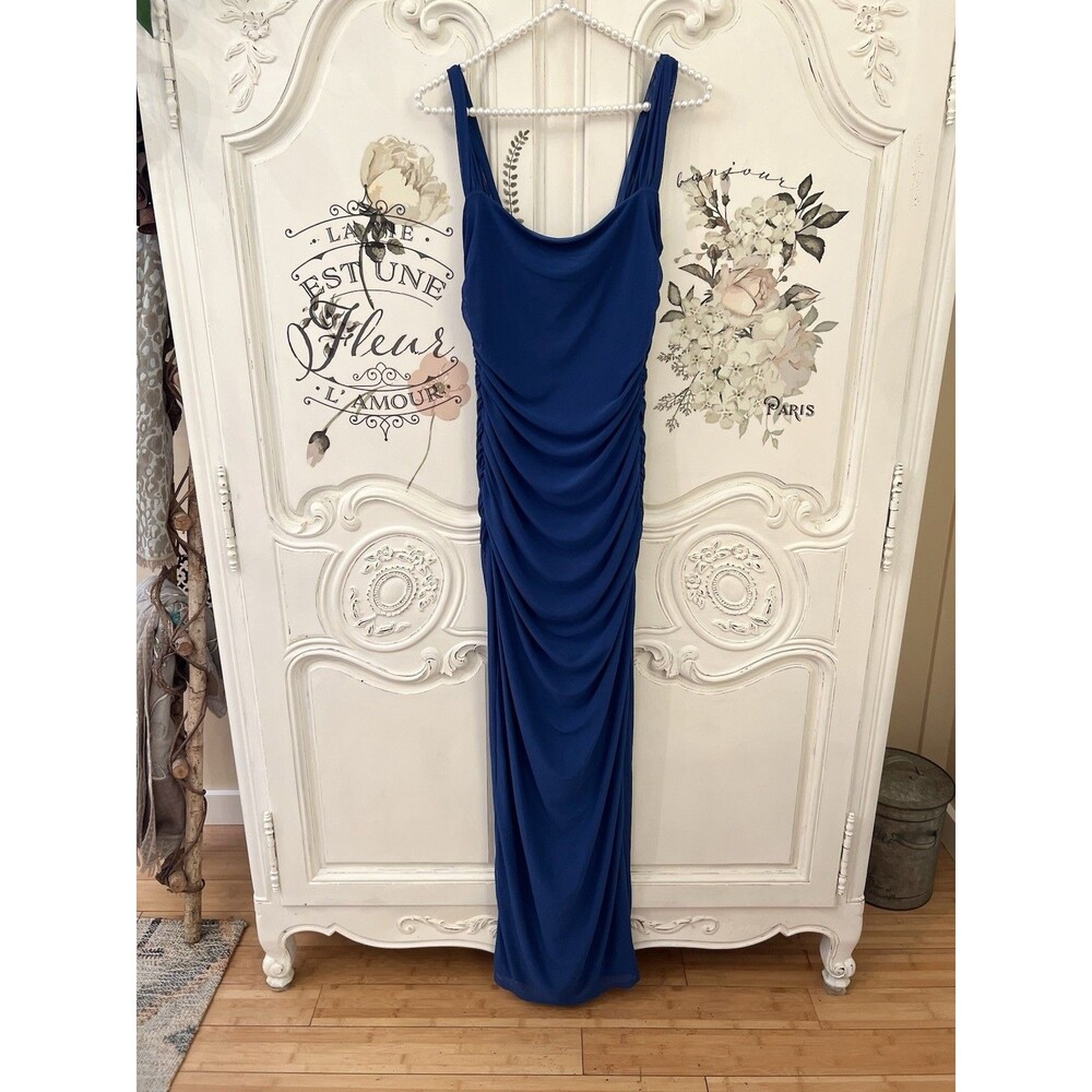 Lulus Amazing Presence Maxi Dress Blue Mesh Ruched Column Size M NWT - Picture 2 of 9